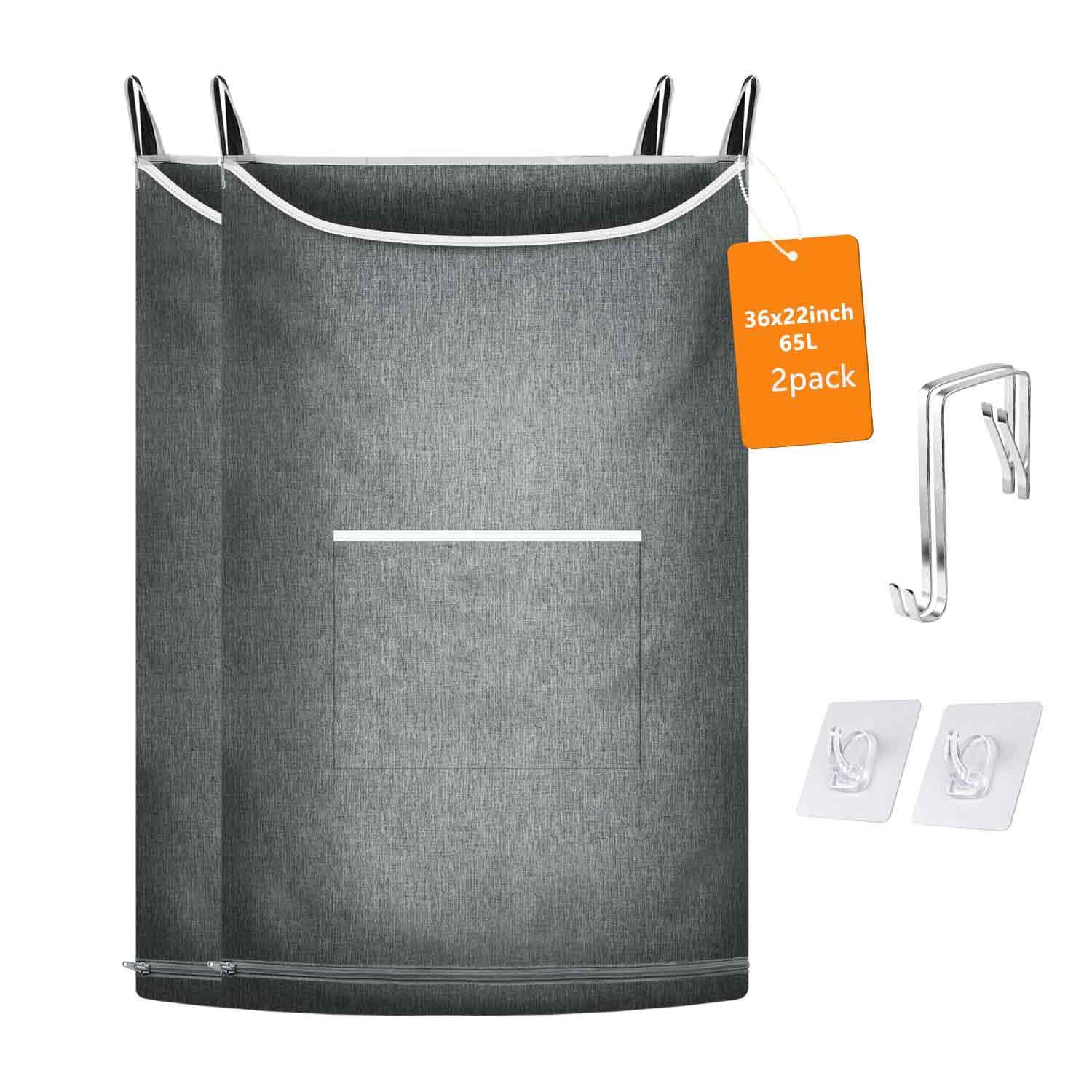 KINGSUSLAY Hanging on Laundry Bag, Collapsible Hanging Washing Basket,89 x 56CM X-Large Capacity Door Hanging Laundry Bag and Door Laundry Basket for Dirty Laundry(2Pack, Mid Heather Grey)