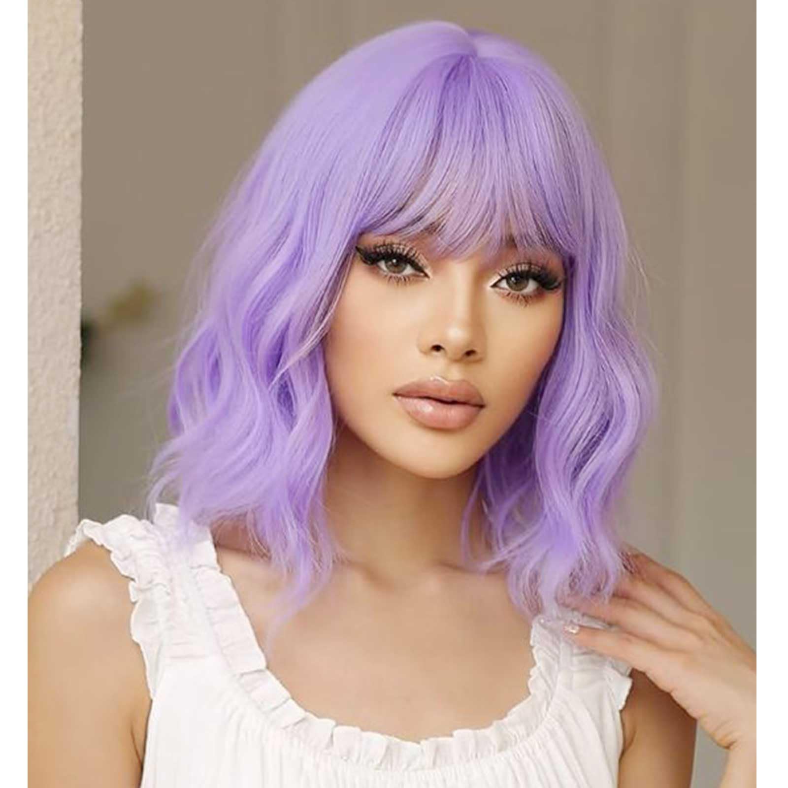 Photo 1 of Short Bob Wavy Wig with Bangs for Women Light Purple Color Wigs for Women Loose Curly Shoulder Length Bob Curly Women's Charming Synthetic Wigs Style Synthetic Fiber wig (Light Purple 12Inch)