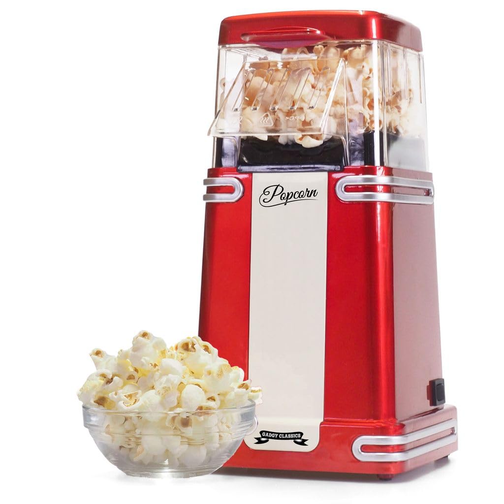 Gadgy Popcorn Machine - Retro Popcorn Maker - Hot Air Popcorn Popper - Fat Free Oil Free Gourmet Popcorn - Healthy Snack