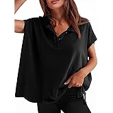 Tankaneo Womens Oversized Cap Sleeve Polo Shirts Summer Casual V Neck Tops Loose Fit Collared Cotton Tee Shirts