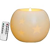 CVHOMEDECO. Moon Sphere Wax LED Dancing Flame Candle Ball Battery Operated Wax LED Flameless Candle with Timer and Remote Control (5" Dia. X 4" H)