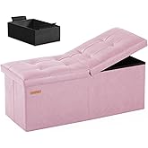 HAUSFRAU 31.5 Inches Ottoman with Storage Bench, Folding Ottoman Bench Small Foot Rest Stool, Bedroom Bench with Flipping Lid, Faux Leather Pink