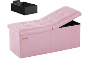 HAUSFRAU 31.5 Inches Ottoman with Storage Bench, Folding Ottoman Bench Small Foot Rest Stool, Bedroom Bench with Flipping Lid, Faux Leather Pink
