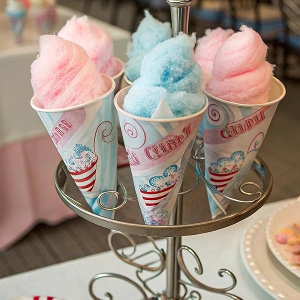 NOSTALGIA COTTON CANDY VARIETY KIT – 3 FLOSSING SUGAR FLAVORS (PINK VANILLA, BLUE RASPBERRY, STRAWBERRY) – 7-OZ BOTTLES, 4 REUSABLE CONES, 10 CLEAR BAGS WITH TWIST TIES – PARTY SUPPLIES