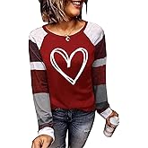 Love Heart Graphic Baseball T-Shirt Women Valentine's Day Color Block Shirt Splicing Long Sleeve Raglan Tees Tops