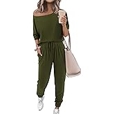 Zenlonr Women Summer 2 Piece Outfits 2026 Off Shoulder Short Sleeve Tops Elastic Waist Drawstring Long Pants Tracksuit
