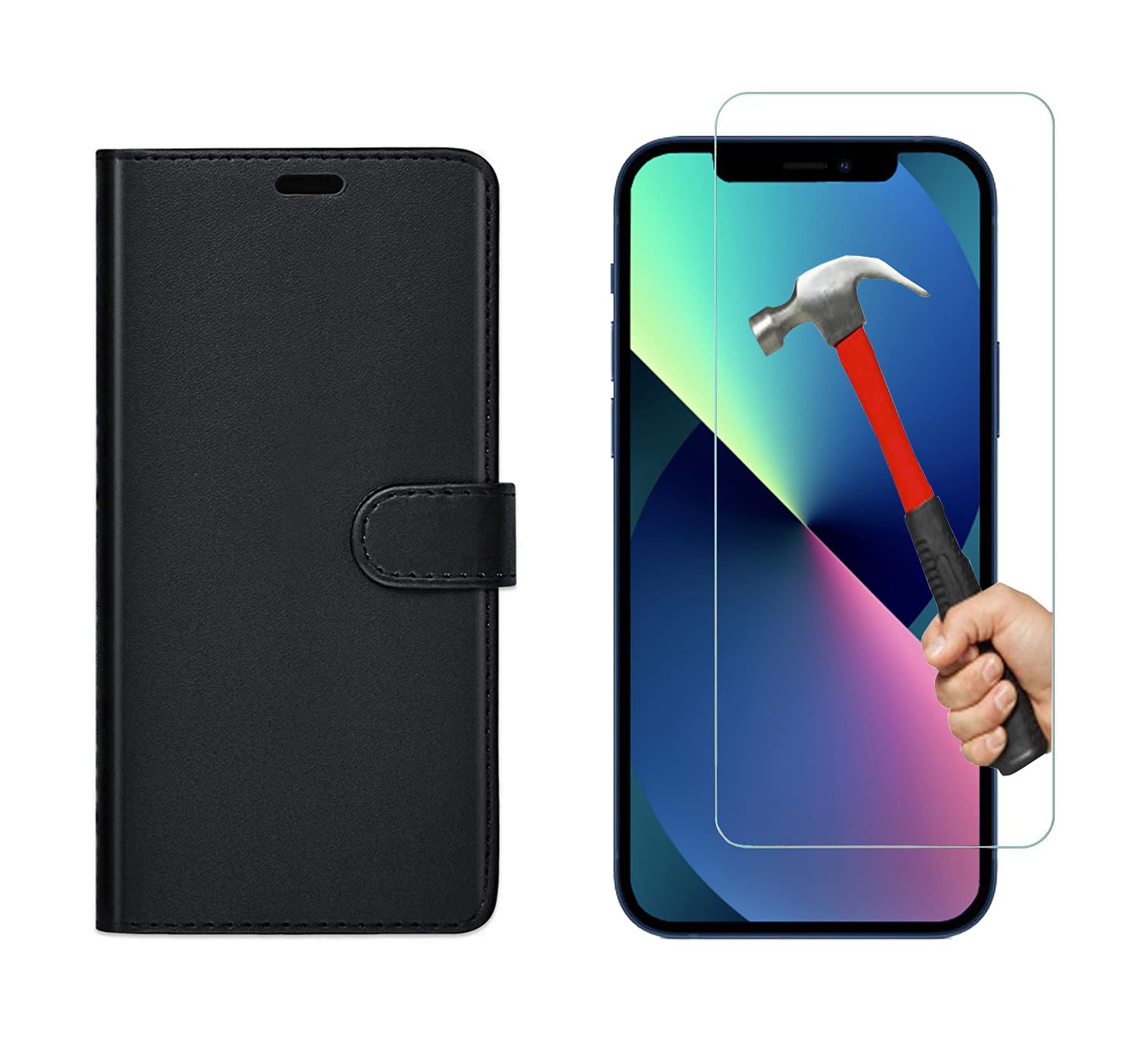 KP TECHNOLOGY iPhone 13 Case, iPhone 13 Leather Case, iPhone 13 Book Flip Leather Wallet Cover with Tempered Glass Screen Protector for iPhone 13 (BLACK)
