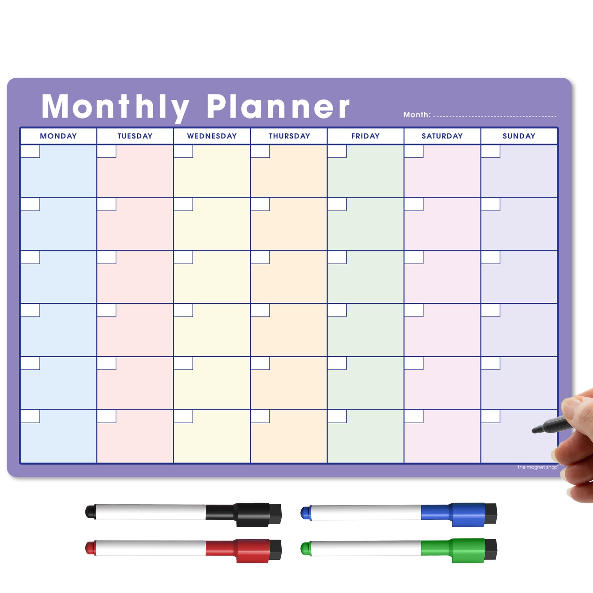 TMS A3 Monthly Planner Whiteboard | Magnetic Fridge Calendar for Meal Prep, Work or Family Planning | Made in The UK (A3, Purple + Pastel)