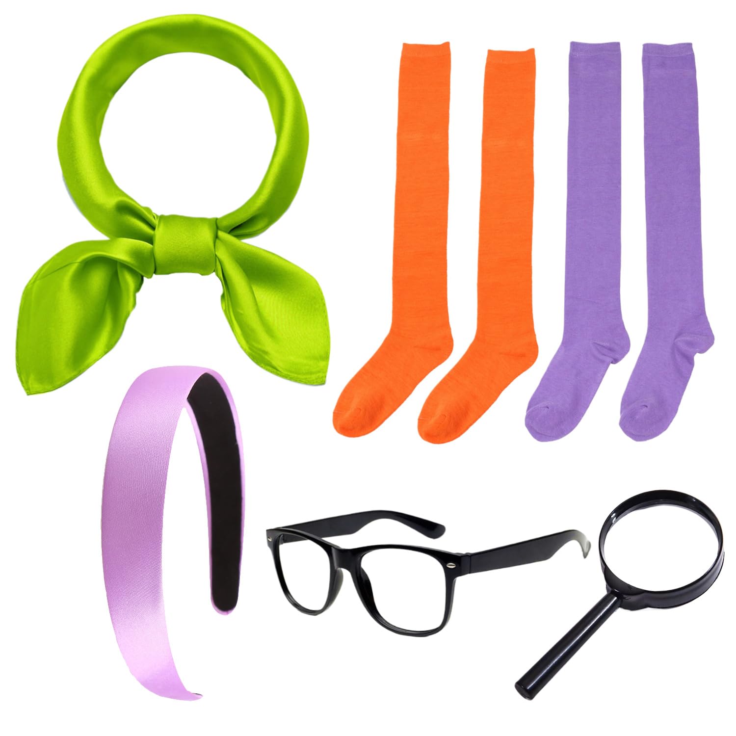HAICN 6Pieces Halloween Group Costume Set Purple Wide Satin Headband Green Scarf Orange and Purple Compression Socks Magnifying Glass Nerd Glasses for Cosplay Party