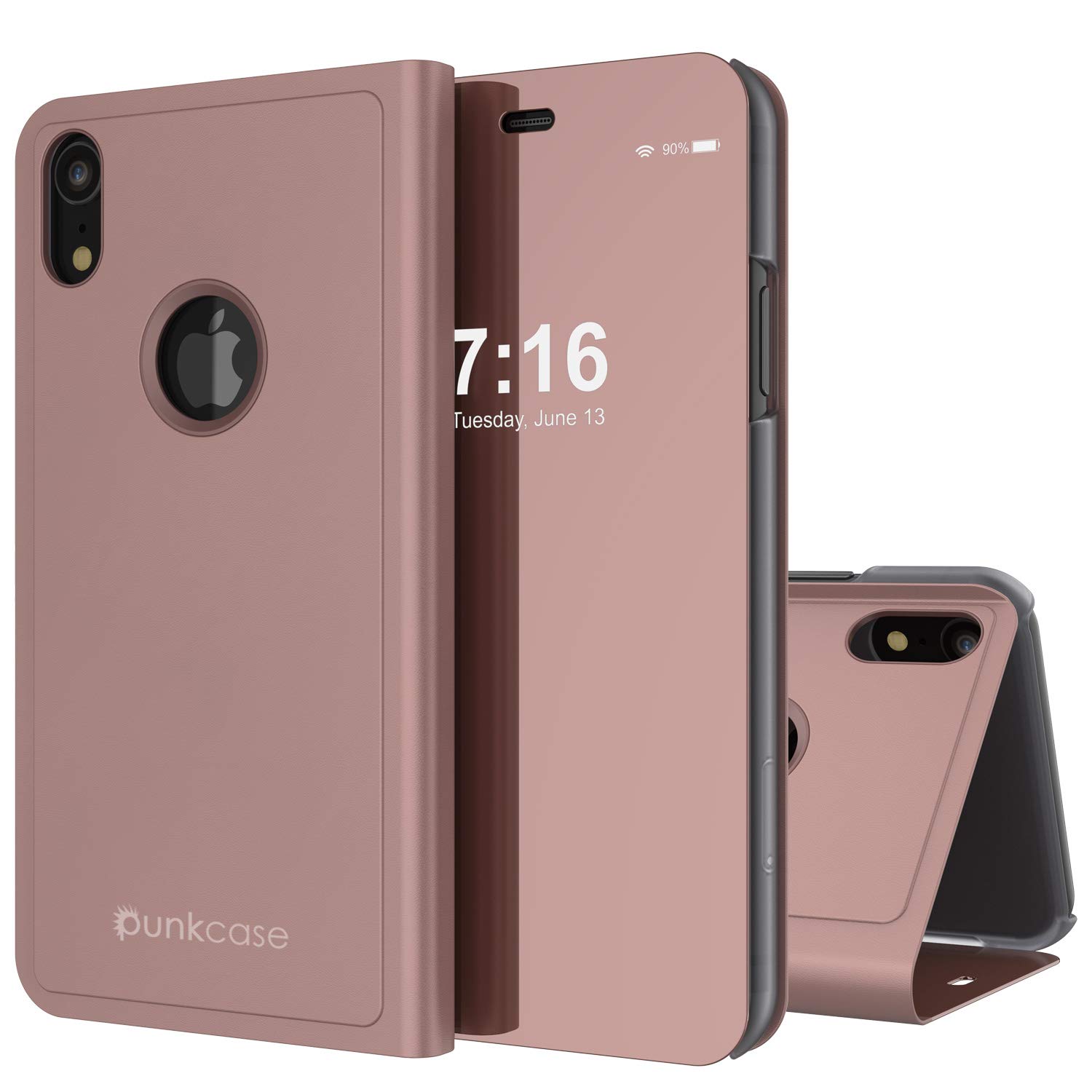 PunkCase iPhone XR Reflector Case Protective Flip Cover W/Scratch Resistant Semi Translucent Mirror Front & Non-Slip PU Leather Back Integrated Kickstand Compatible W/Apple iPhone XR (Rose Gold)