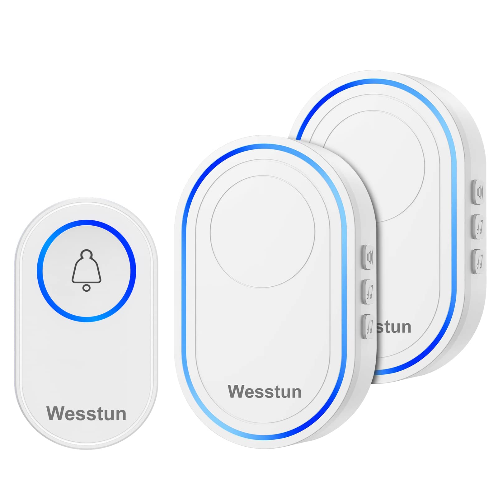 Wesstun Wireless Doorbell 2 Receivers, IP67 Waterproof Door Chime Kit Operating at The Range of 300m, 2 Plug-in Door Bell Receivers with 39 Ringtones, LED Light & 5-Level Volume Control, White