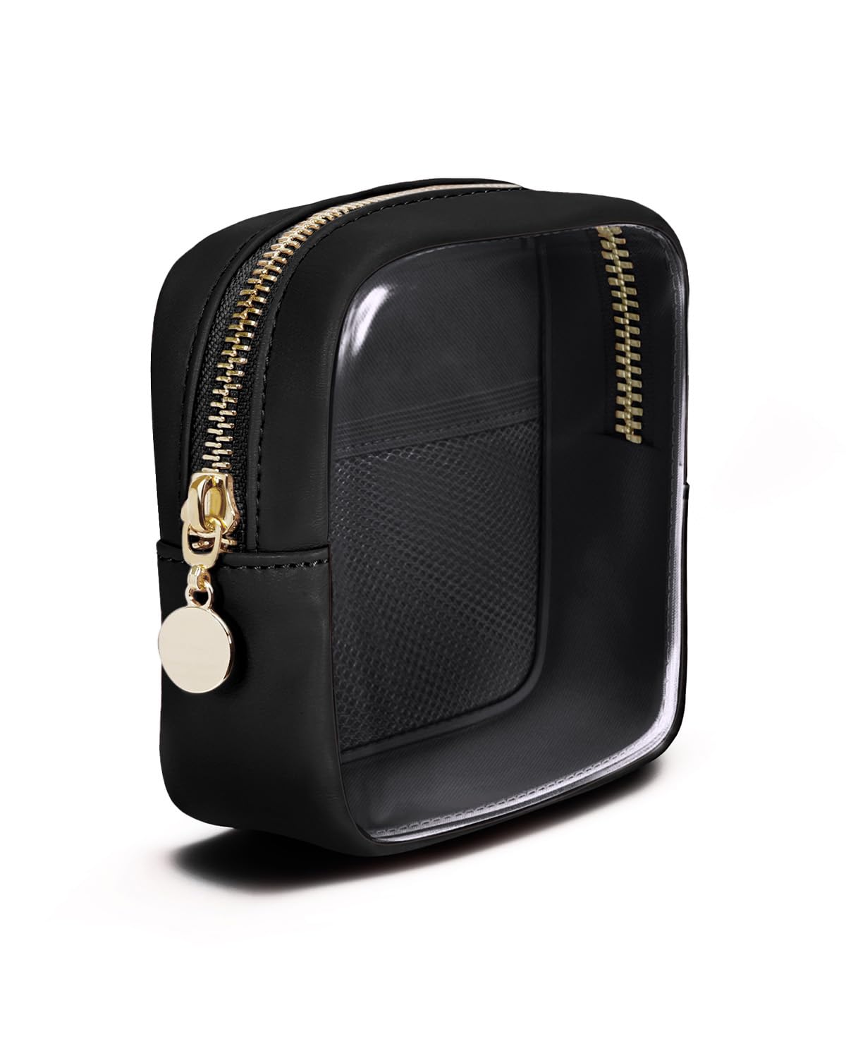 Clear Makeup Bag for Handbag, Mini Make Up Bag for Purse, Small Makeup Pouch for Women, Small Cosmetic Bag with Slip-in Pockets Eco Vegan Leather, Black (Patent Pending)