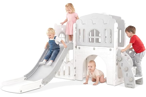 OLAKIDS Toddler Slide, 8 in 1 Kids Indoor Outdoor Playground with Climber Basketball Hoop Telescope Tunnel Corridor Toy Stora