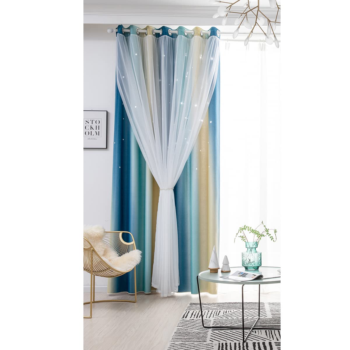 ele ELEOPTION Stars Blackout Curtains, Cut Out Stars Drapery with Eyelet, for Kids Girls Bedroom Living Room Colorful Double Layer Star Window Curtains, 1 Panel (Blue, 53" W x 63" L (134x160cm))
