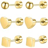 Stainless Steel Sphere Square Heart Stud Earring Set 3 Pairs Gold Small Flatback Earrings Helix Hypoallergenic Screwback Jewellery Flat Back Jewelry for Sensitive Ears Women Ladies Aretes De Mujer