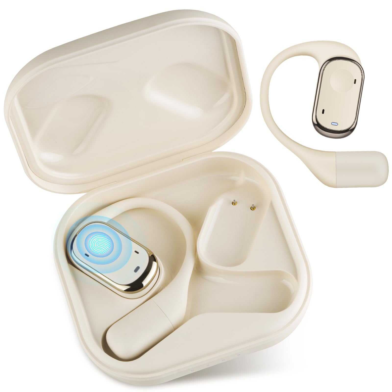 Aolcev Wireless Earbuds Open Ear Headphones Bluetooth Earphones with ENC Noise Cancelling Mic 40 Hours Playtime Deep Bass Headphones With Ear Hooks Wireless Open-Ear-Earbuds for Sport Running-Beige