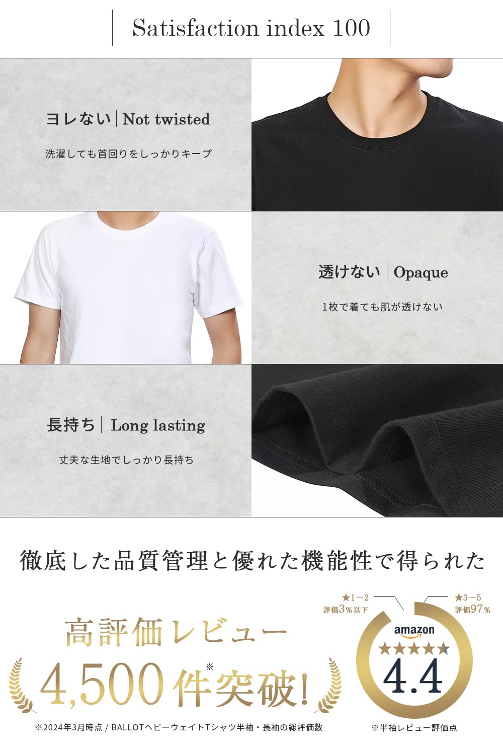 BALLOT(バロット) Men's Short Sleeve T-Shirt, Plain, Thick Fabric, Heavy Weight, 100% Cotton, Set of 3