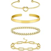 14K Gold Chai14K Gold Chain Bracelets Set for Women, Dainty Paperclip Link Bead Stackable Layered Bracelets Metal Fashion Jewelry