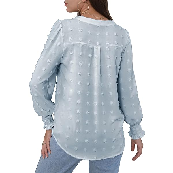 FWAY WOMENS TOPS DRESSY CASUAL V NECK DOT LONG SLEEVE WORK SHIRTS CHIFFON BLOUSES FASHION 2023 TUNIC SHIRT LIGHT BLUE