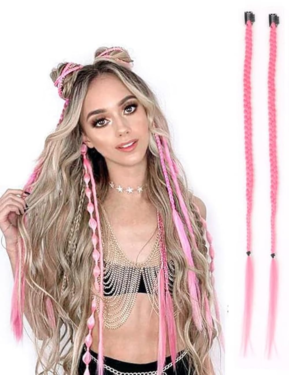 2 x Clip-In Hair Extension Highlights Streaks, Colourful Hair Highlights (Braid - Pink) — image 1