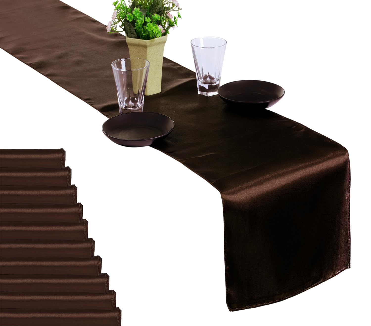 MDS 100 PCS Satin Table Runners 12 x 108 Inch Charmeuse Sateen Silk Table Runner for Indoor Outdoor Wedding Reception Birthday Graduation Party Event Banquet Dining Table Decoration - Coffee Image