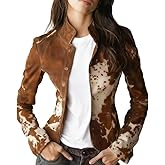 PBQOA Womens Cow Print Blazer Jackets Vintage Long Sleeve Single-Breasted Blazer Fall Winter Lightweight Business Coat