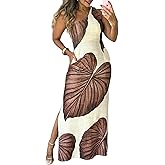 CHICME Women's Summer Maxi Dress Casual Thick Strap Square Neck Boho Sundress Split Vacation Dresses with Pockets