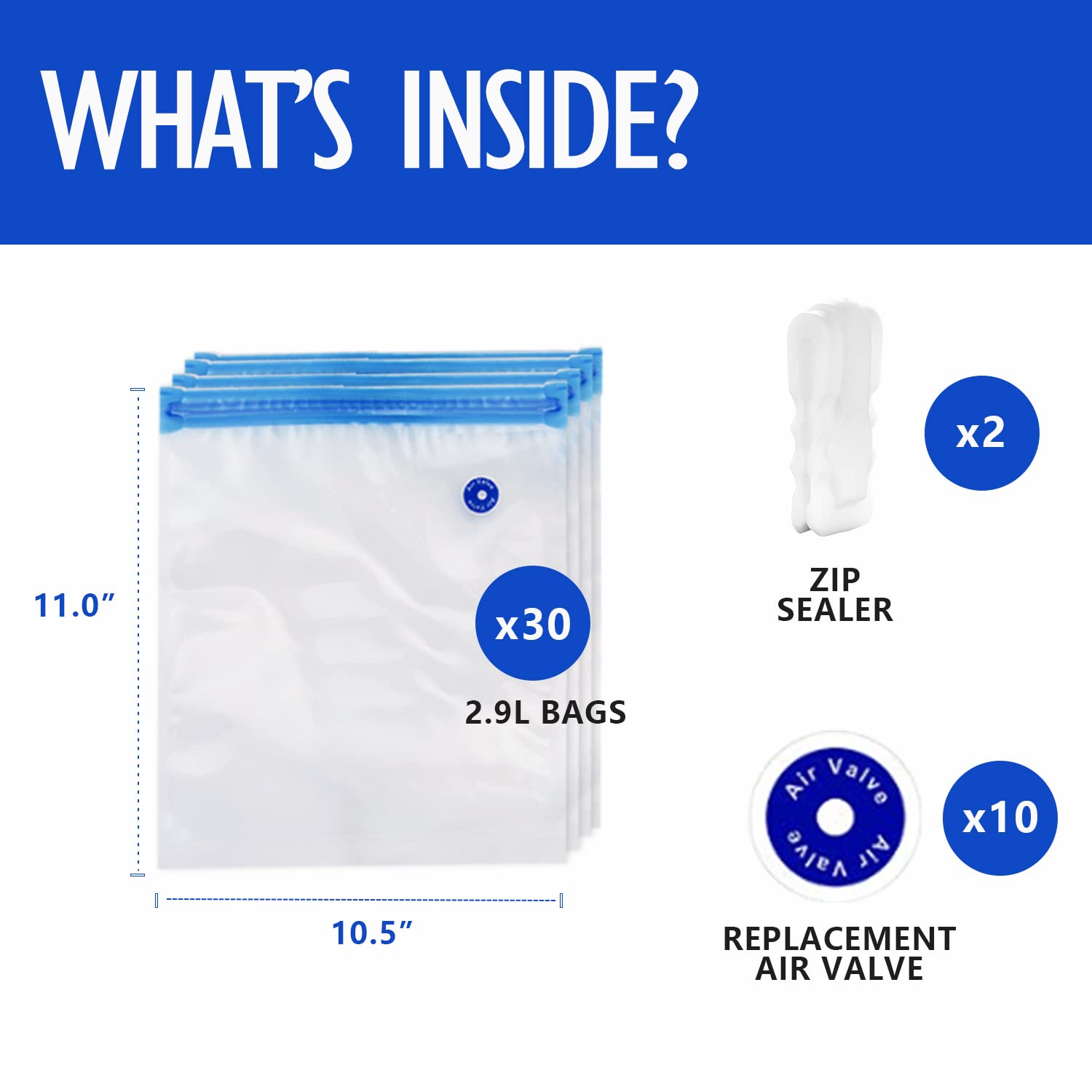 VICARKO 30 Vacuum Zipper Bags, Vacuum Sealer Bags, Food Storage, Reusable Bags, with Double Layers, BPA Free, 2.9L, 11.0 x 10.5