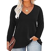 ROSRISS Plus Size Tops for Women Long Sleeve Tees V Neck Tunics Solid Color Blouse T Shirts