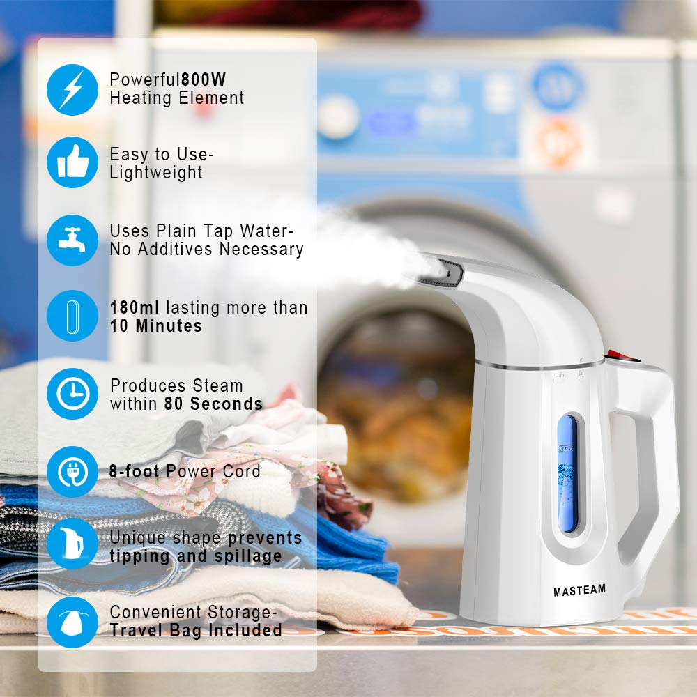 MASTEAM Handheld Steamer for Clothes Wrinkle Removes,Garment Steamer for Hat,1.5lbs Lightly,40s Fast Heat-up,8 FT Power Cord,800W, for Home and Travel with Automatic Shut-Off Safety Protection（white）