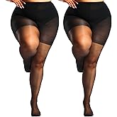 GIFTPIXIE Plus Size Tights for Women, 2 Pairs Control Top Pantyhose with Reinforced Toes, Sexy Nylon Stockings