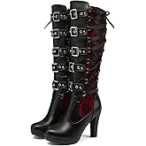KysBloes Women Lace Goth Knee High Boots Buckle Block Heel Lace Up Knee Length Boots Punk Platform Tall Boots