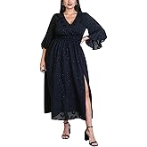 EYWOL Wedding Guest Dress Plus Size Ruffle Bell Sleeve V Neck A Line Flowy Empire Waist Maxi Dresses with Slit