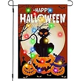 Finphoon Happy Halloween Garden Flag with Lights, 12x18 in Solar Double Sided Pumpkin Cat Yard Flags, Halloween Outdoor Decorations for Patio, Lawn