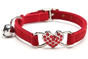 CHUKCHI Pink Soft Velvet Safe Cat Adjustable Collar with Crystal Heart Charm and Bells 8-11 Inches (Red)