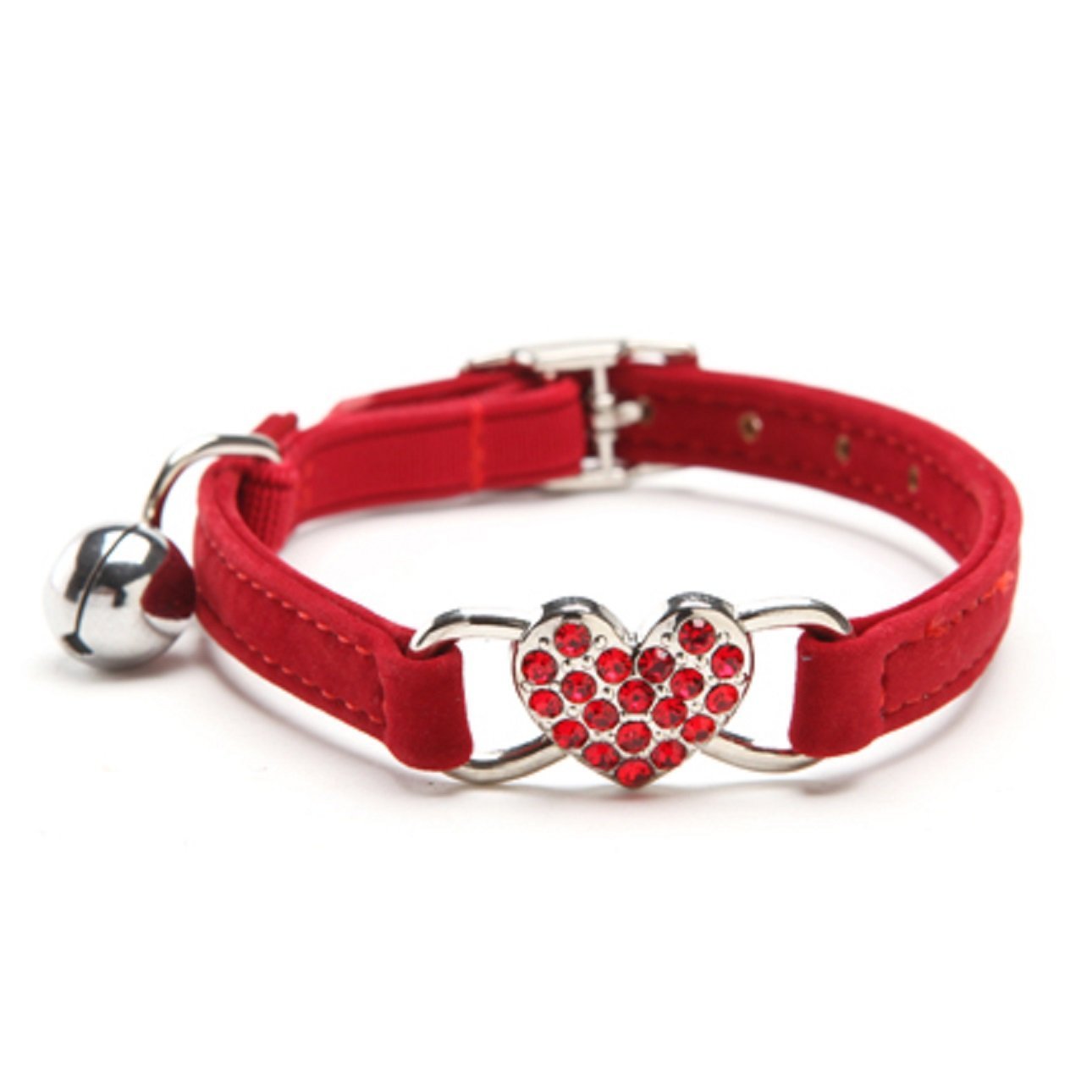 Photo 1 of CHUKCHI Pink Soft Velvet Safe Cat Adjustable Collar with Crystal Heart Charm and Bells 8-11 Inches (Red)