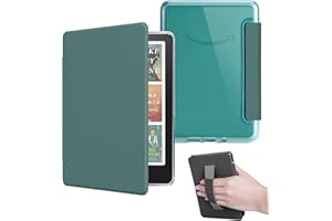 HOICHOE Case for All-New 7" Kindle Paperwhite 12th Gen 2024 and Kindle Colorsoft Signature Edition, Light PU Leather Cover and Transparent Hard Back with Hand Strap, Auto Sleep/Wake, Midnight Green