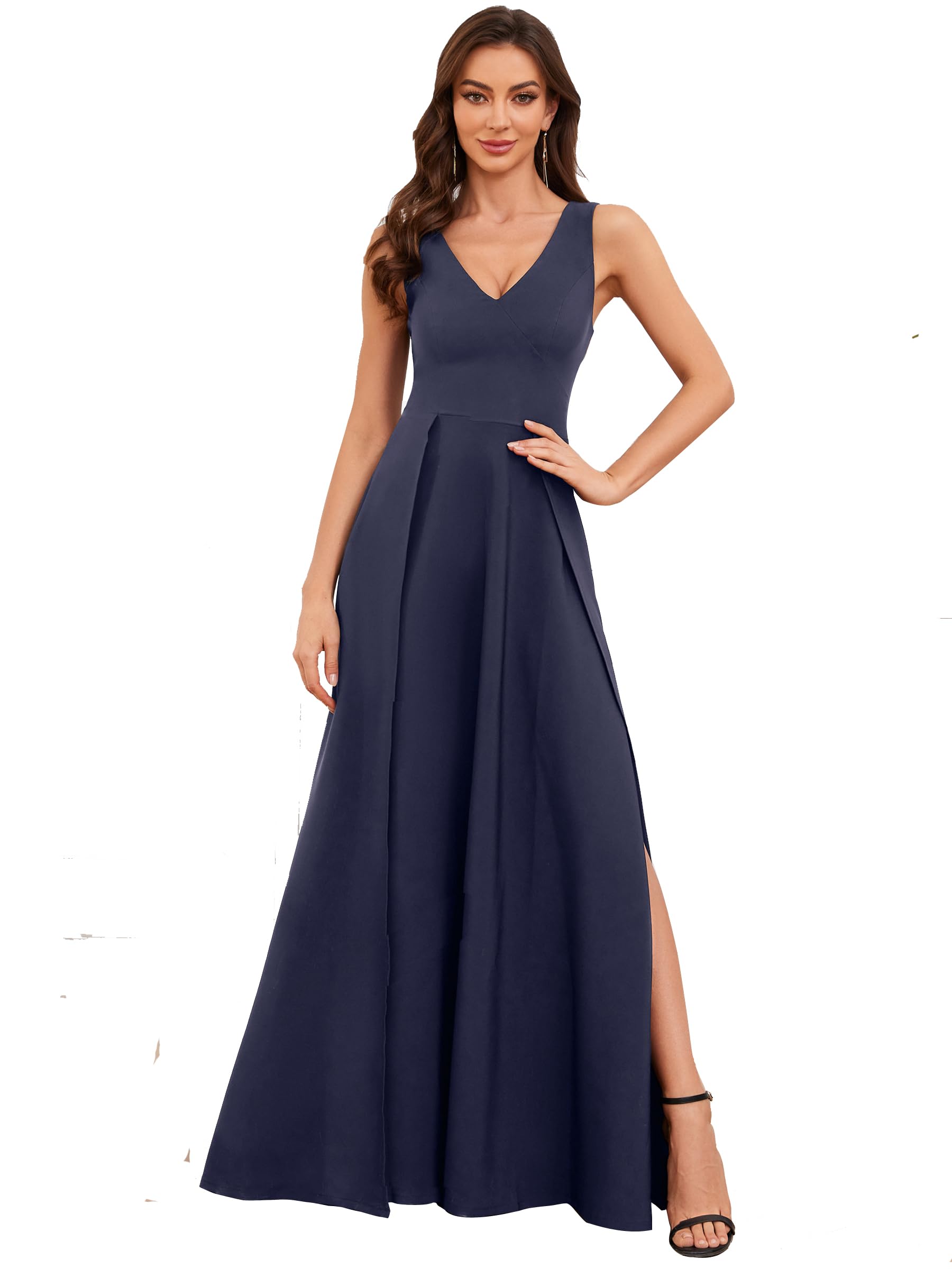 Photo 1 of MIQILADUNA Women's Formal Dress V Neck Sleeveless Winter Wedding Guest Split Cocktail Party Prom Long Dresses L Navy Blue
