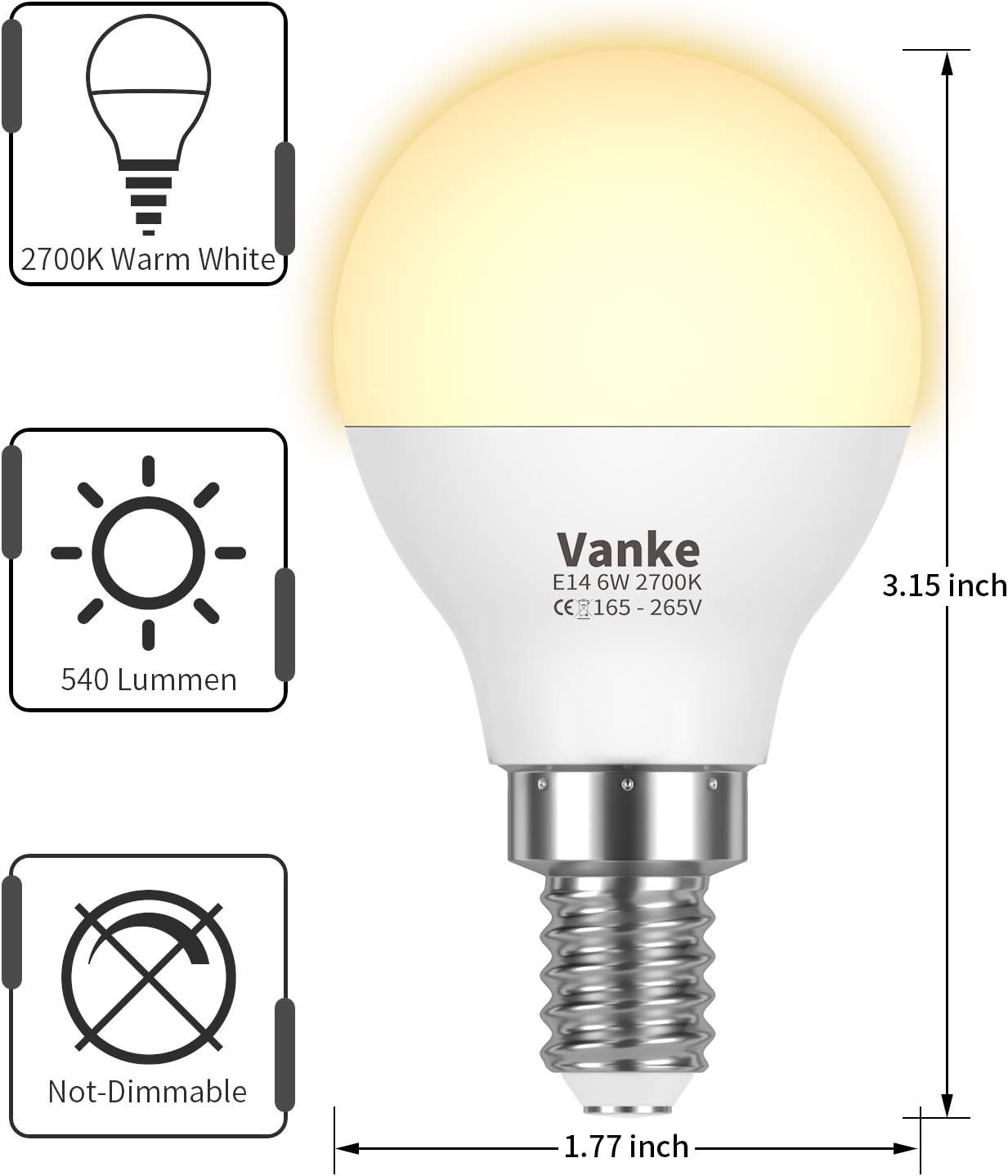 Vanke E14 LED Light Bulb, Warm White 2700K Yellow Light, 6W (40 Watts Equivalent), Non-Dimmable, SES Small Screw Light Bulb - Image 4