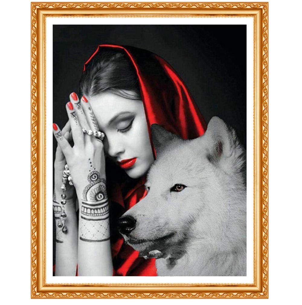 Dkjfbewjib Icon Diamond Embroidery Wolf Girl Crystal Cross Stitch Round Drill Diamond Painting Lady 