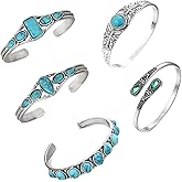 Haceolhada 5Pcs Turquoise Bracelets Set Turquoise Cuff Bracelets for Women Adjustable Silver Bangle Bracelets Cowgirl Stackable Bracelets Boho Western Jewelry for Women