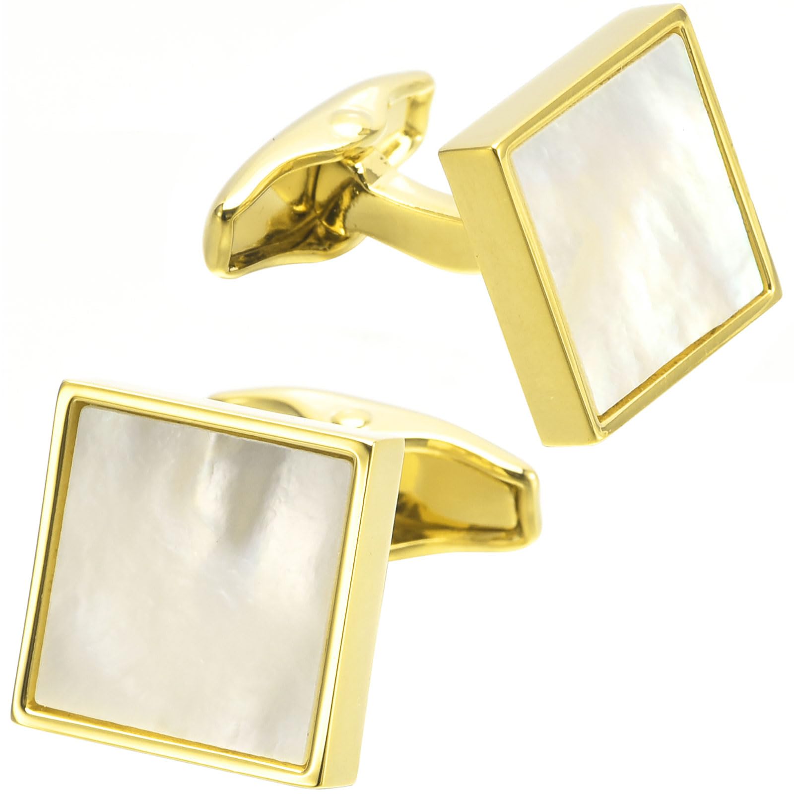 Jonwo Square Mother of Pearl Men Cufflinks and Tie Clip Set Handmade Silver Gold Men's Tie Clip Cufflink for Wedding Business Shirt Necktie (Square Gold Plated Cufflinks)
