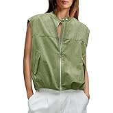 Yousify Womens Zip Up Faux Suede Vest Cropped Cap Sleeve Trendy Casual Pleated Vest Jackets Fall Loose Fit Outerwear