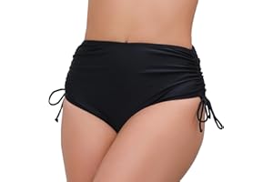 JOYBIK Women's High Waisted Full Coverage Bikini Bottoms Tummy Control Adjustable Drawstring Swim Bottoms