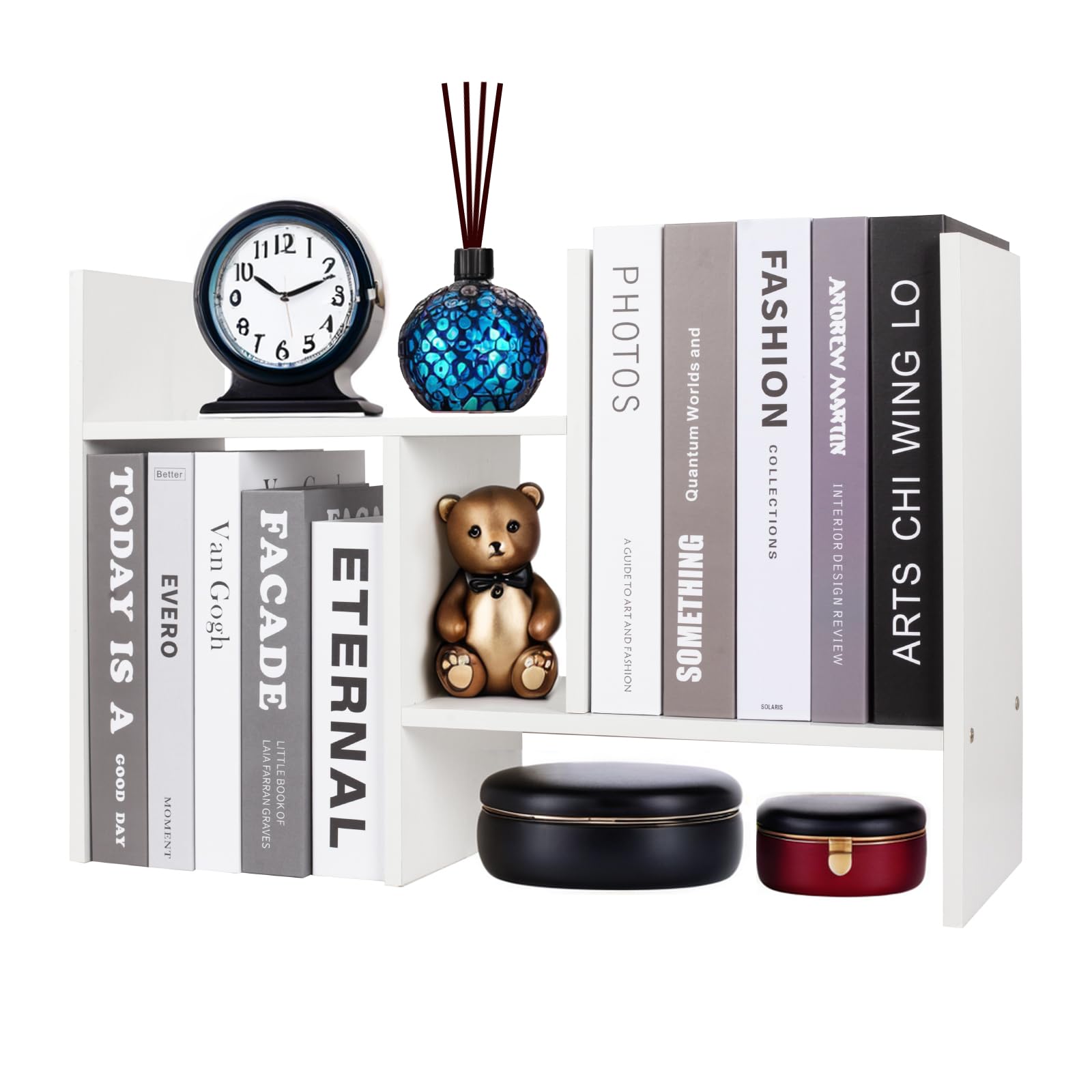 powerking Adjustable Desktop Shelf Wood Bookshelf, Desk Storage Organizer Display Shelf Rack, Expandable Double H Display Countertop Bookcase,White