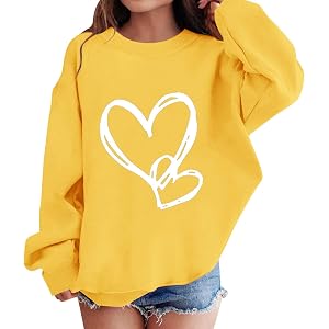 Long Sleeve Shirts for Girls Crewneck Pullover Sweatshirt Heart Print Tops School Kids Clothes Sweatshirts for Teen Girls
