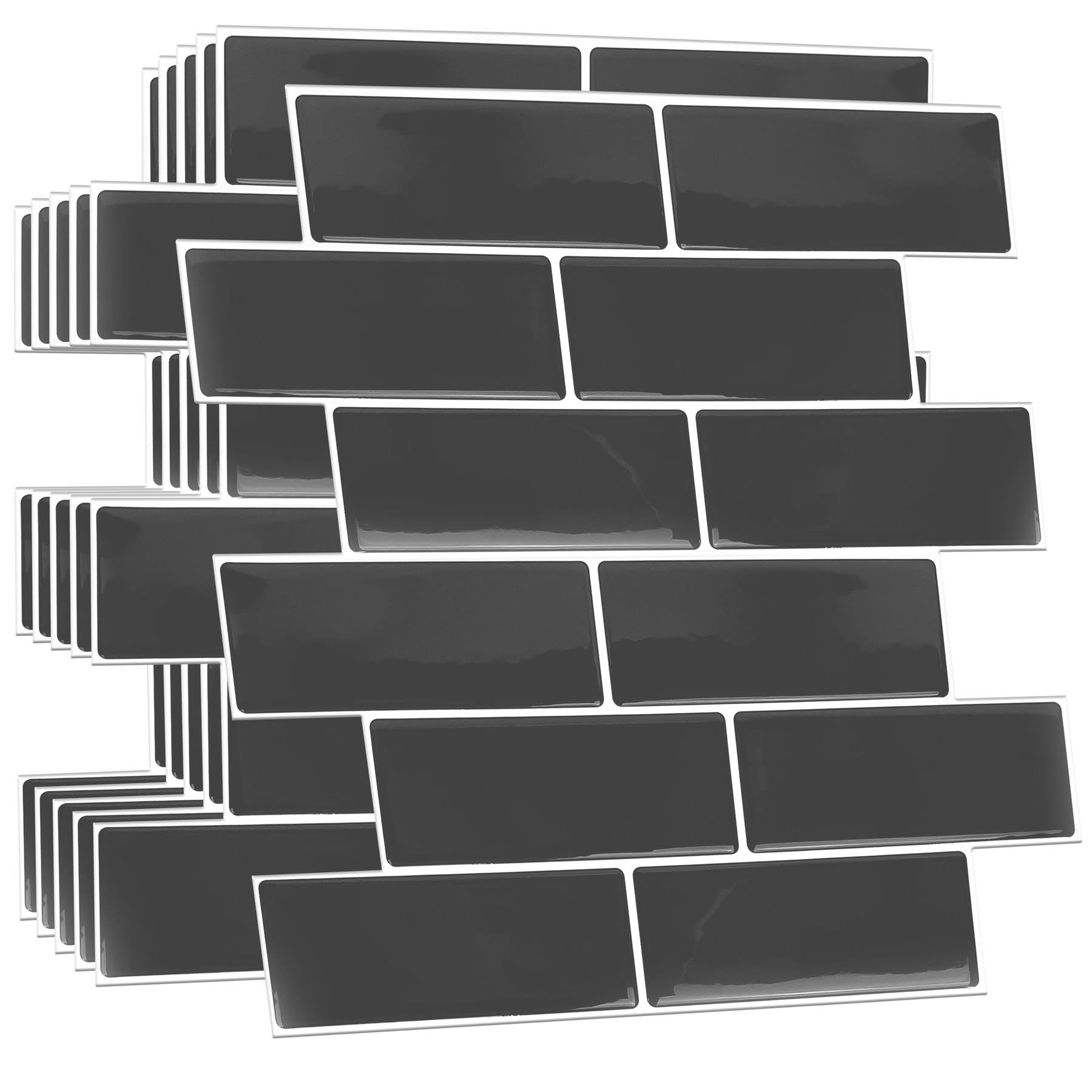 WALPLUS 3D Tile Stickers Peel and Stick Backsplash Splashback Decals Tile Transfer for Kitchen Bathroom Living Room Waterproof - Elegant Dark Grey Glossy 6 Sheets 30.5 x 30.5cm(12")