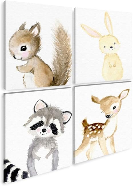 set de 4 cuadros decorativos animalitos acuarela hechos en canvas lienzo algodon para habitacion de bebe ninas ninos medida c u 25 x 35 cm