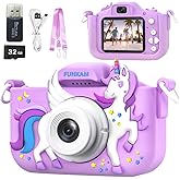 FUNKAM Kids Camera Toys for Girls and Boys Age 3-14, Kids Digital Camera Toddler Birthday Gifts,- HD 1080P - Video Camera with Cute Unicorn Protective Cover, 32GB SD Card, Lanyard & Pen drive (Purple)