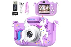 FUNKAM Kids Camera Toys for Girls and Boys Age 3-14, Kids Digital Camera Toddler Birthday Gifts,- HD 1080P - Video Camera with Cute Unicorn Protective Cover, 32GB SD Card, Lanyard & Pen drive (Purple)
